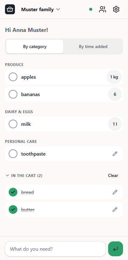 The family list with items grouped by category and two items in the cart